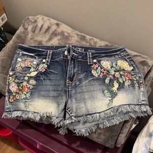 Grace in LA Dark Blue Jean Shorts with Colorful Embroidery